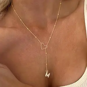 26 Letters CZ Initial Y Shape Necklace, Gold Plated Hollow Open Heart Charm Thin Beaded Chain Dainty Personalized Letter Pendant Jewelry Gift for Women