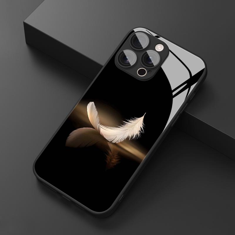 Luxury Minimalist White Feather Golden Reflection Pattern Phone Case with Lens Protection, for iPhone 17 16 15 14 13 12 11 pro max, Full Coverage Anti-Fall Protective Case, Phone Accessory