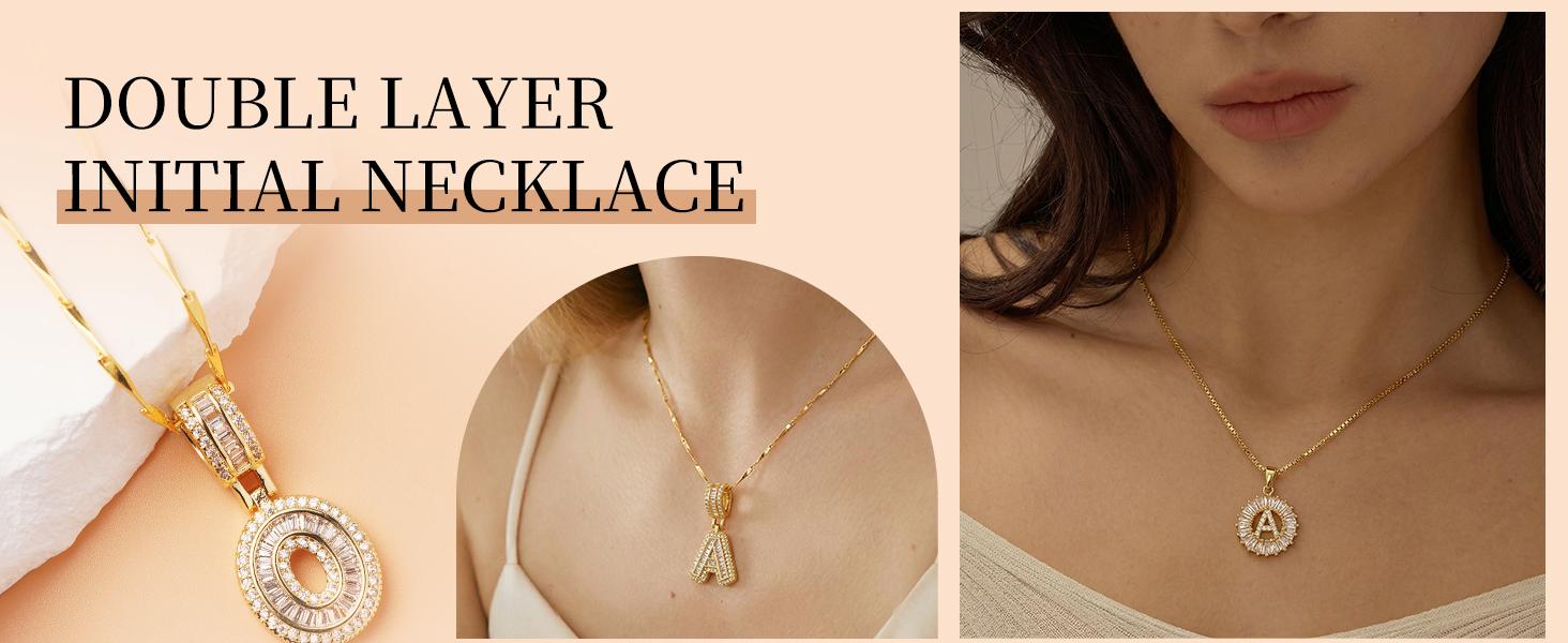 2 Pack 14K Gold Plated CZ Initial Necklaces for Women, 26 Letters Personalized Name Jewelry, Double Layer Couple Necklace Set, Perfect for Birthday & Mother's Day Gifts, Suitable for Banquets, Parties & Daily Wear