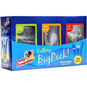 Party Dimensions 300 Count Plastic Cutlery Combo Box, Disposable Clear Plastic Silverware Utensils Set, 100 Forks, 100 Spoons, 100 Knives