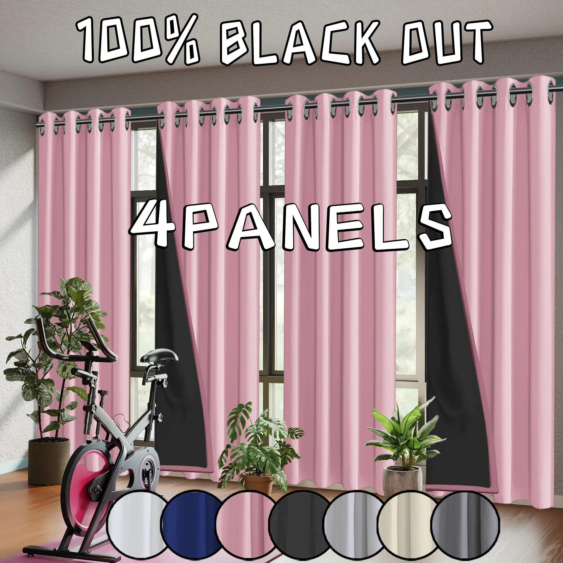 4-piece set sun protection, heat insulation, privacy-blocking, 100% light-blocking curtains with polyester material and film-coated process, top-mounted grommet loops for hanging, suitable for living room and bedroom decor