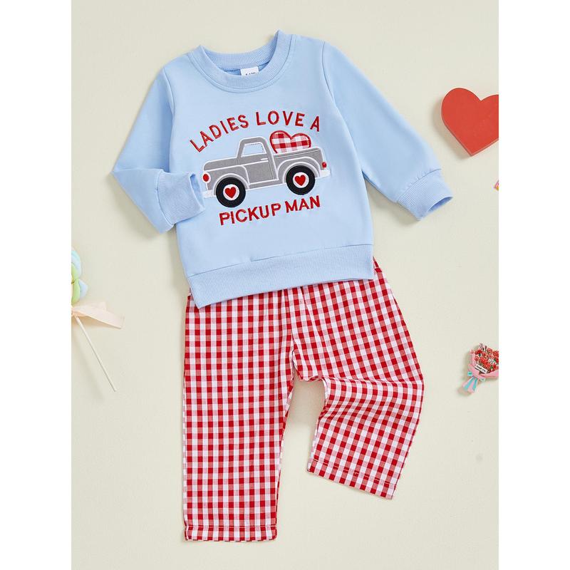 Toddler Baby Boy Outfits Valentine's Day Truck Heart Print Pullover Sweatshirt and Plaid Pants Spring Winter Set 6M-4Y
