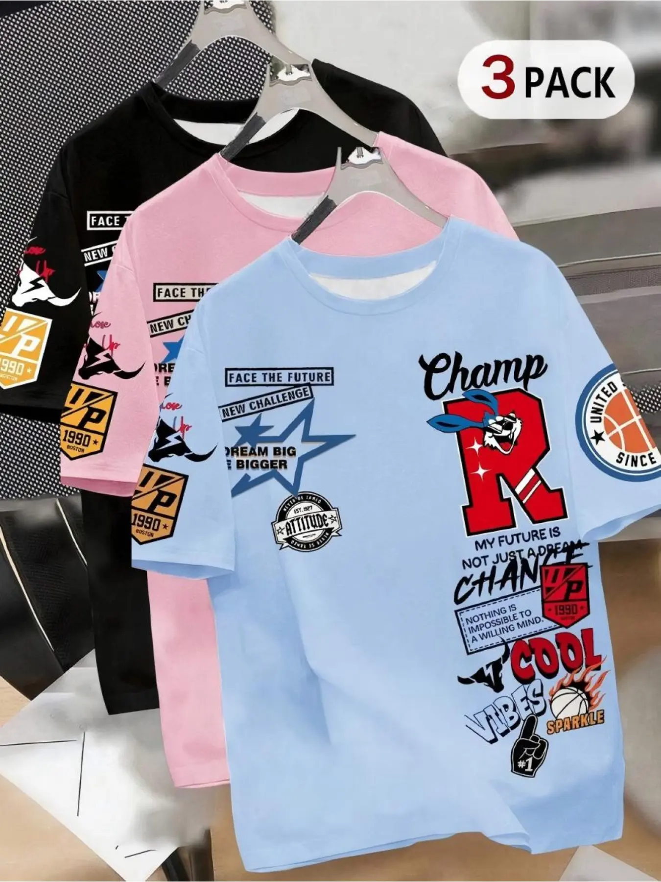 Three-Piece Set, Fashionable Trendy Boys' Short Sleeve T-Shirts, Graphic Printed Tee, Cool Stylish All-Over Print Design, Perfect for Summer, Kids' Favorite, Trending Shirt, Graphic Tees Print