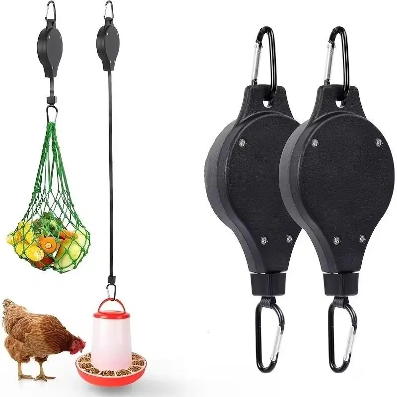 2Pcs Adjustable Telescopic Chicken Feeder Hanger with Pulley, Height Modifiable Hanging Hook for Poultry Coop & Farm, Multi-use Plant Hanging Accessory