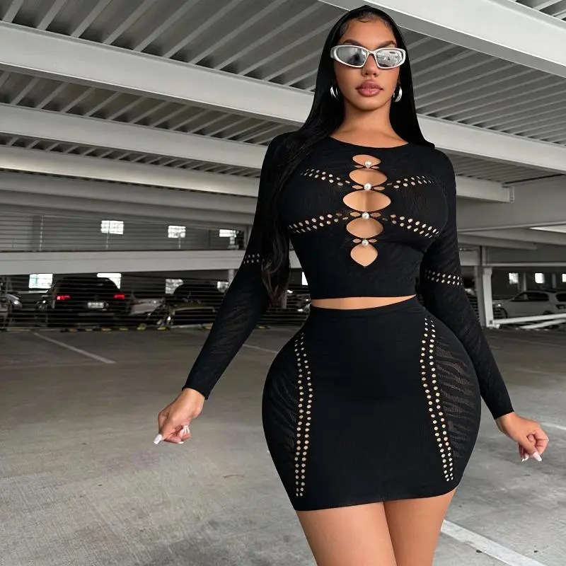 Women's 2-Piece Skirt Set, Sexy Hollow Knit Long Sleeve Crop Top and Bodycon Asymmetrical Wrap Skirt with Pearl Details, Lady, Longsleeves, Bodycon Skirt Set