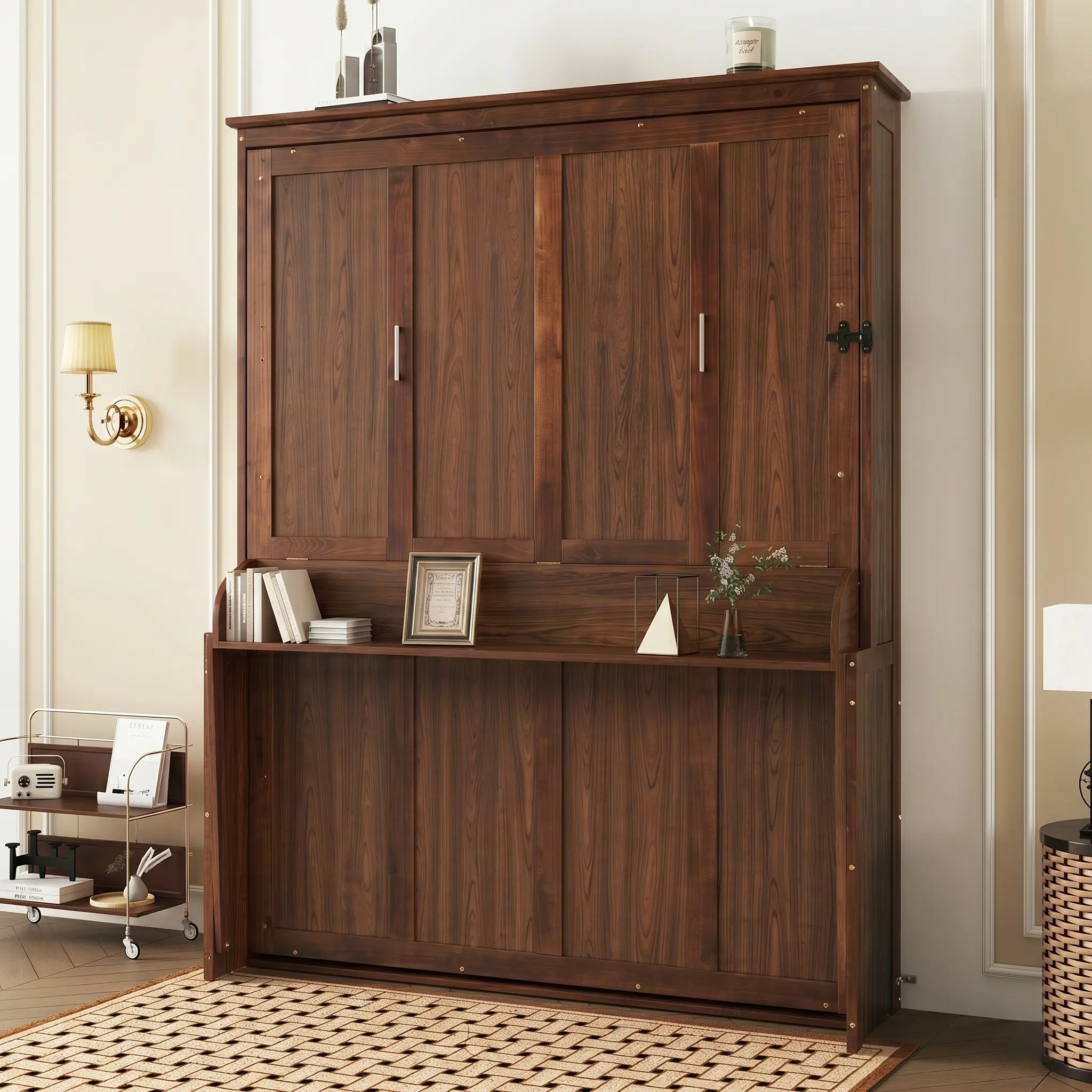 ARCH Queen Size Murphy Bed Wall Bed Cabinet Space-Saving Hidden Bed with Gas Struts, Pine Wood, Walnut Finish, Fold-Out Platform Bed Frame with Shelf Desk, for Guest Room, Studio, Small Space, Home Office, Multifunctional Furniture