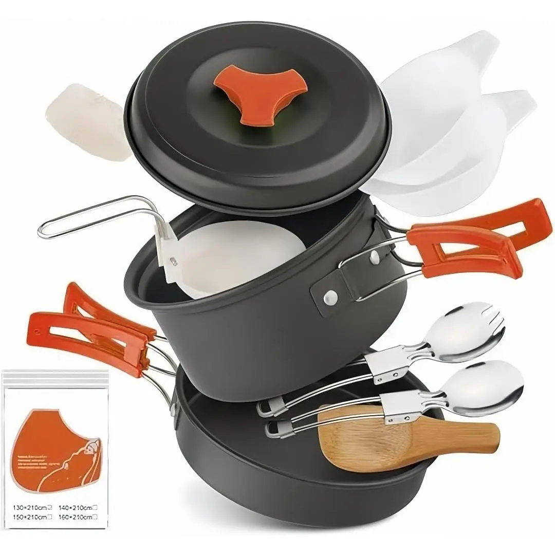 12 PCS Lightweight Camping Cookware Set – Non-Stick Pots, Pans & Utensils  Backpacking, Hiking – Compact Mess Kit  1-2 People, Gift with Emergency Blanket New model