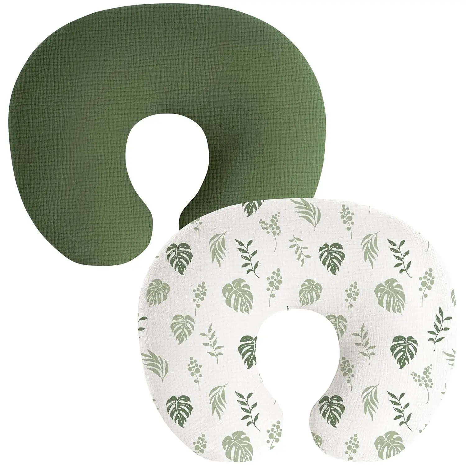100% Cotton Muslin Nursing Pillow Covers, 2-Pack Cozy Leaf Print Zippered Slipcovers, Soft Fabric Green Covers for Breastfeeding Pillows