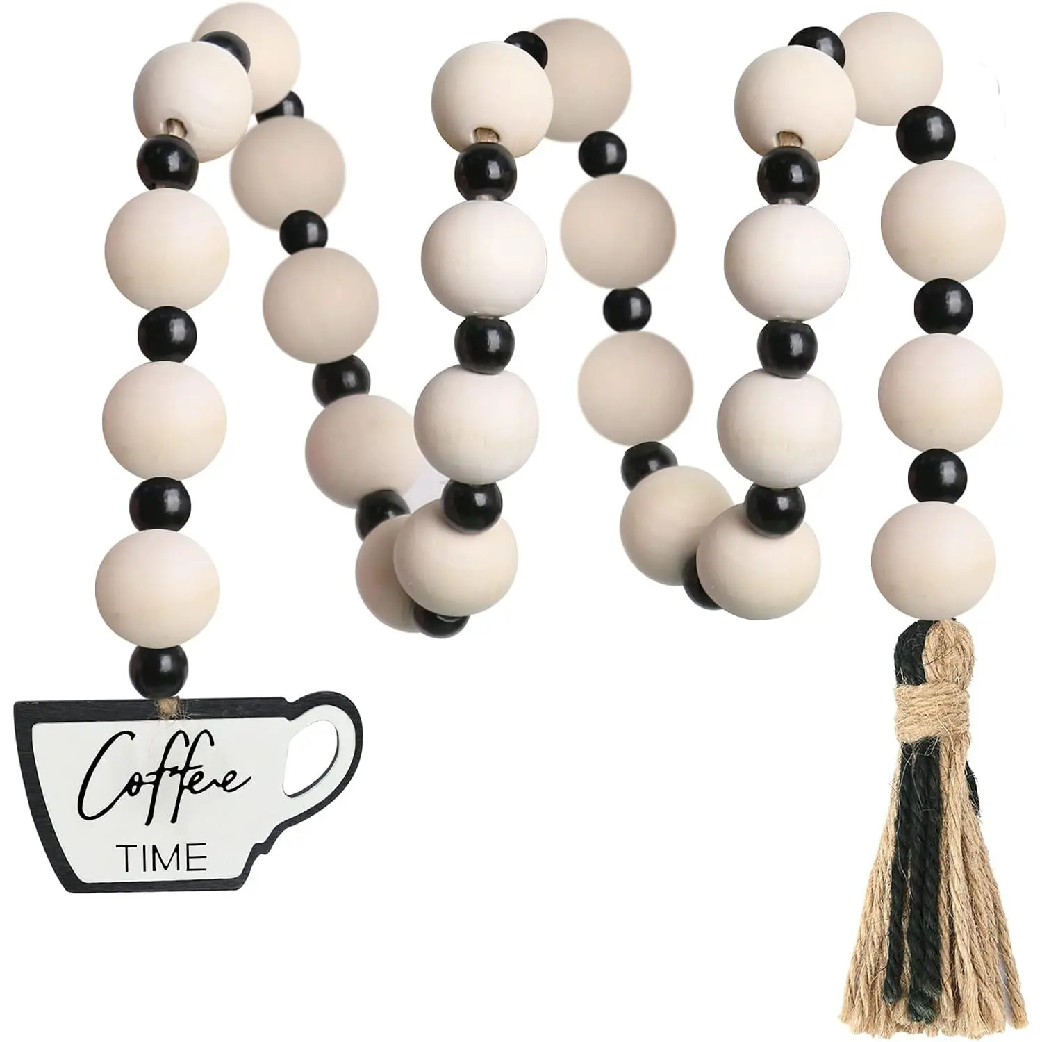 Handmade 31-in Jute & Beads Garland with Wooden Signs, Natural & Black Synthetic Accents - Modern Coffee Themed Festive Kitchen, Window Home Decor Ornament