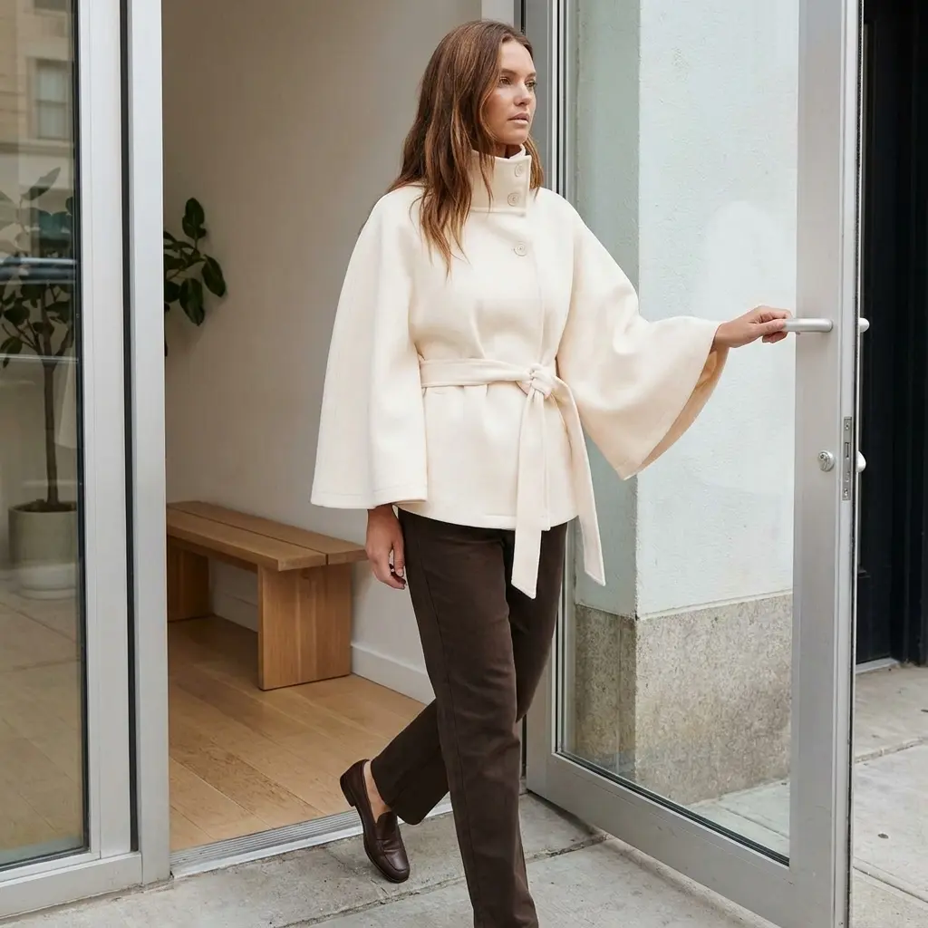 Women's Collar Belted Cropped Poncho Coat - Batwing Sleeve Oversized Elegant Casual Fall Winter Outerwear