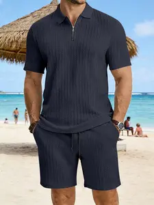 Men's Casual Business Style Two-Piece Set, Polo Short Sleeve and Track Shorts, Elastic Wrinkle-Resistant Fabric, Summer Daily Wear Menswear