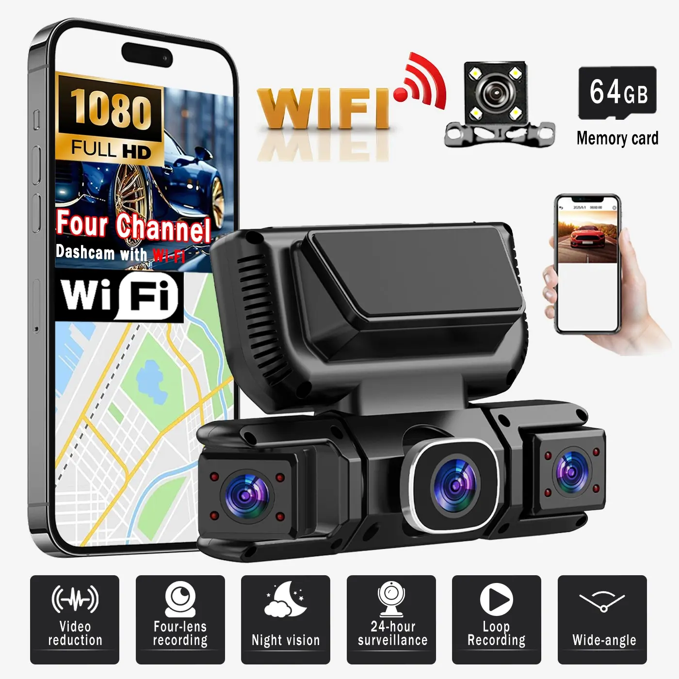 1080P HD Four-Channel Car Dvr with WiFi, HD Automotive Dashcam, Car Mounted Dashcam, Dash Cam for Car, Automotive Dvr Camera, Night Vision, Emergency Lock, Free Memory Card Included, Multi-Functional Driving Recorder, Dash Camera For Cars
