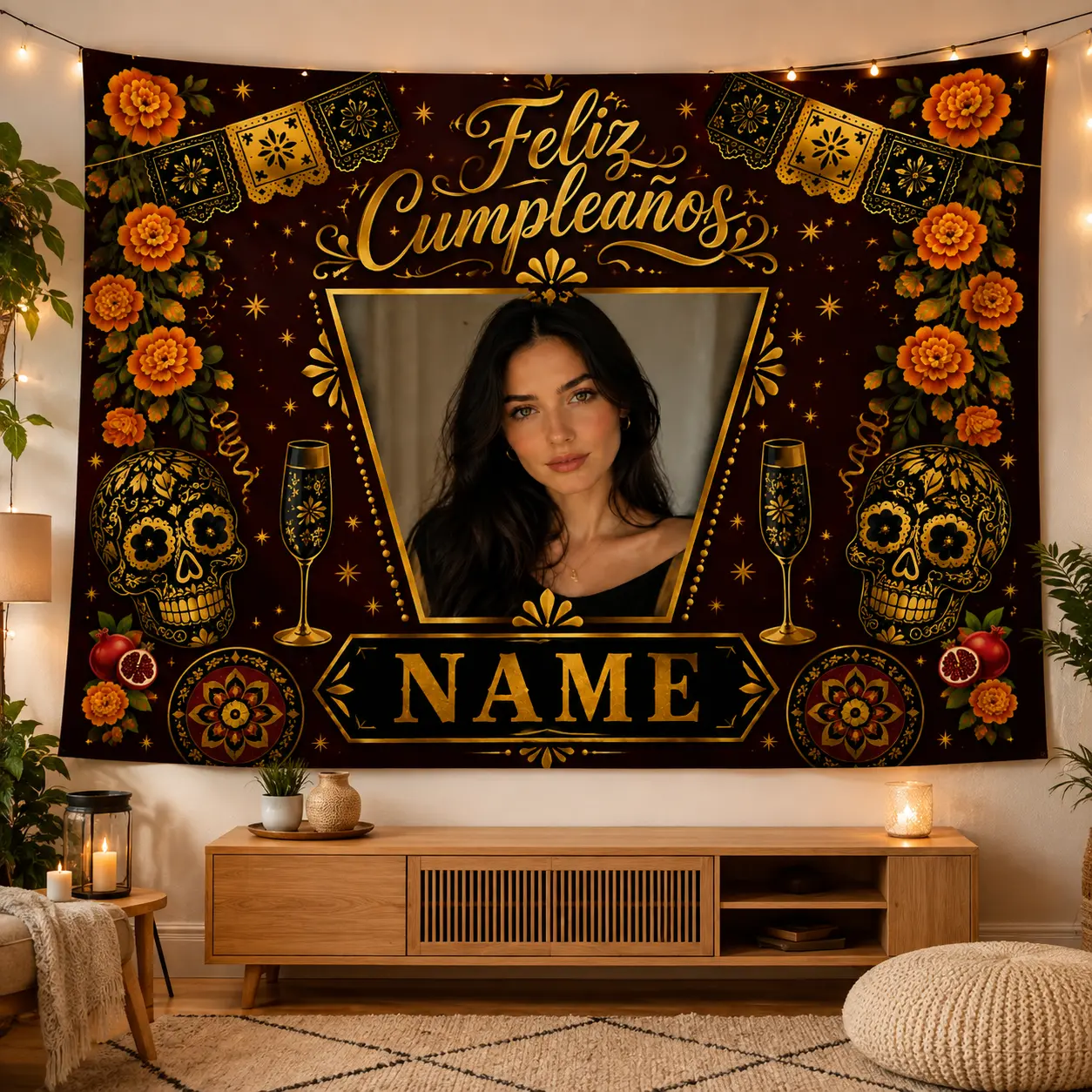 Hanging Customizable Polyester Halloween Floral Backdrop - Personalized with Photo & Name, Dark Theme Party Decoration Banner