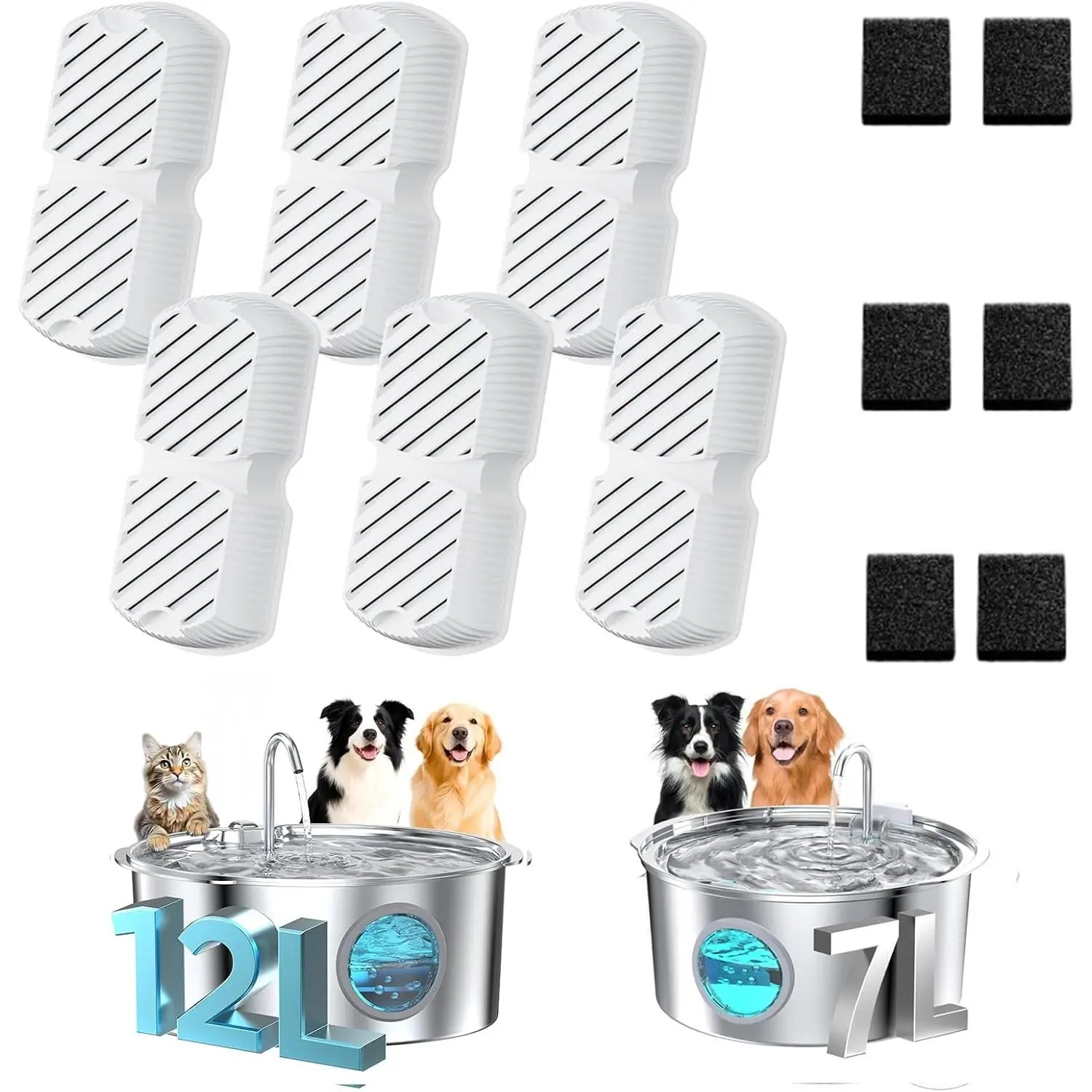 Pet Fountain Filter Replacement: 12 Dog Water Fountain Filters - 3 Months Set of Replacement Filter for Dog Water Fountains for Large Dogs - Contains 6 Filters + 6 Sponges