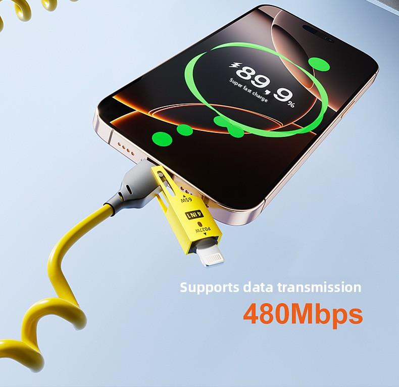 Super fast charging spring cable, 1.5m retractable 100W four-in-one data cable, car charging cable