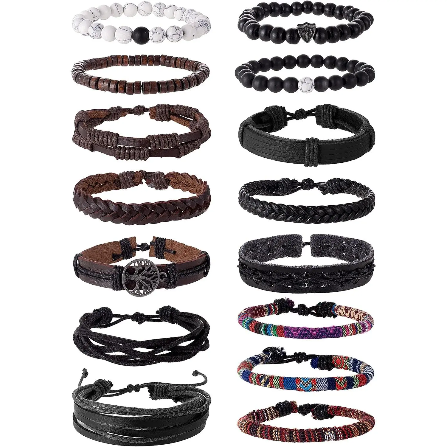 15 count Braided Leather Bracelet Boho Cuff Wrap String  Bead Woven Ethnic Stretch Wristbands Bracelets Set for Men Women Size Adjustable