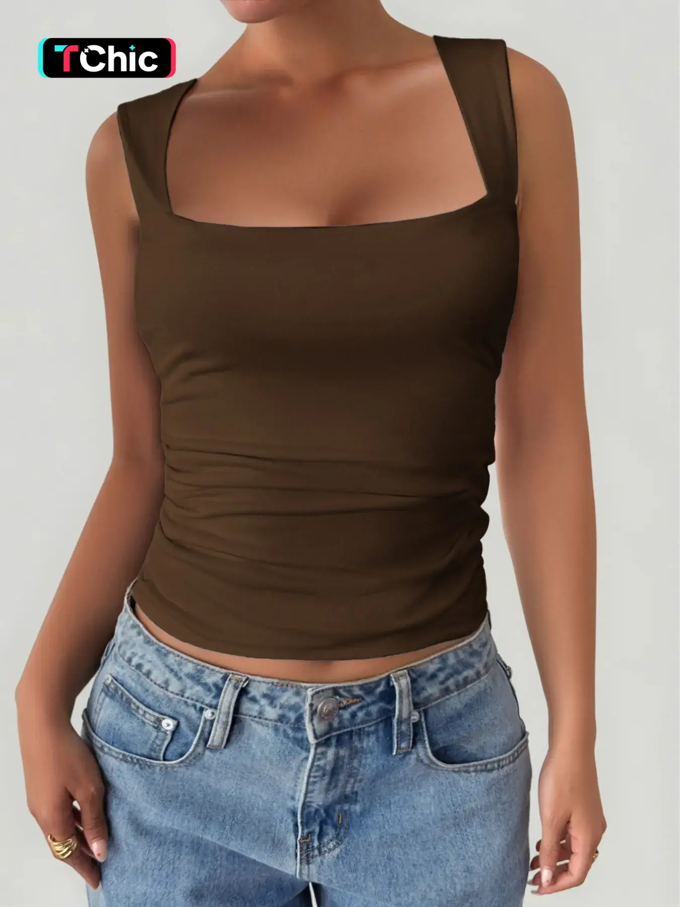 Vintage Minimalist Wide Strap Square Neck Tight Tank Top, Side Ruched Waist Slim Fit Women's Shirt, Summer Outerwear Layering Crop Top