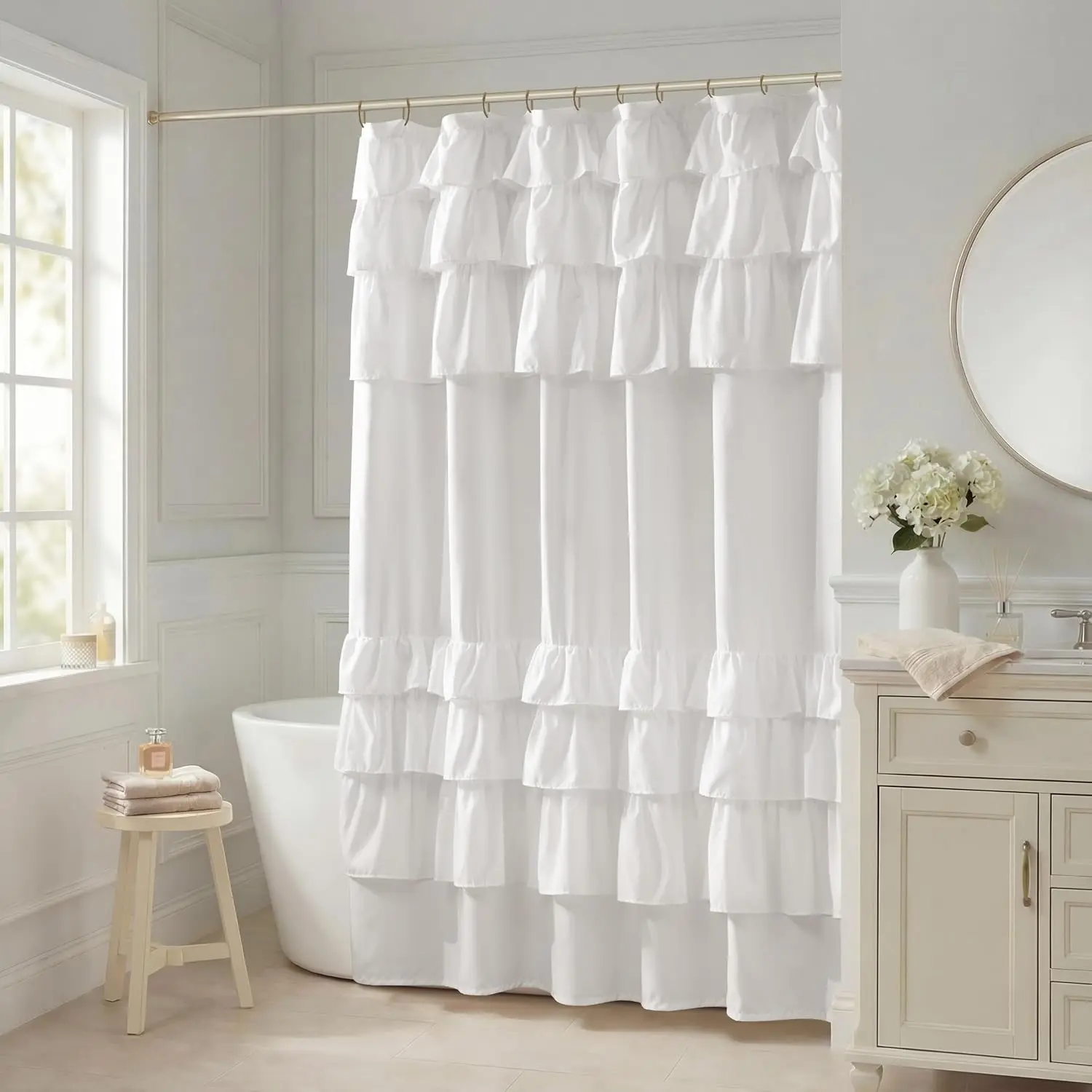 White Ruffle Shower Curtain for Bathroom, 72"x 72" Farmhouse Cottage Style, Shabby Chic Ruffled Fabric, Machine Washable, Privacy Screen, Solid ColorGift