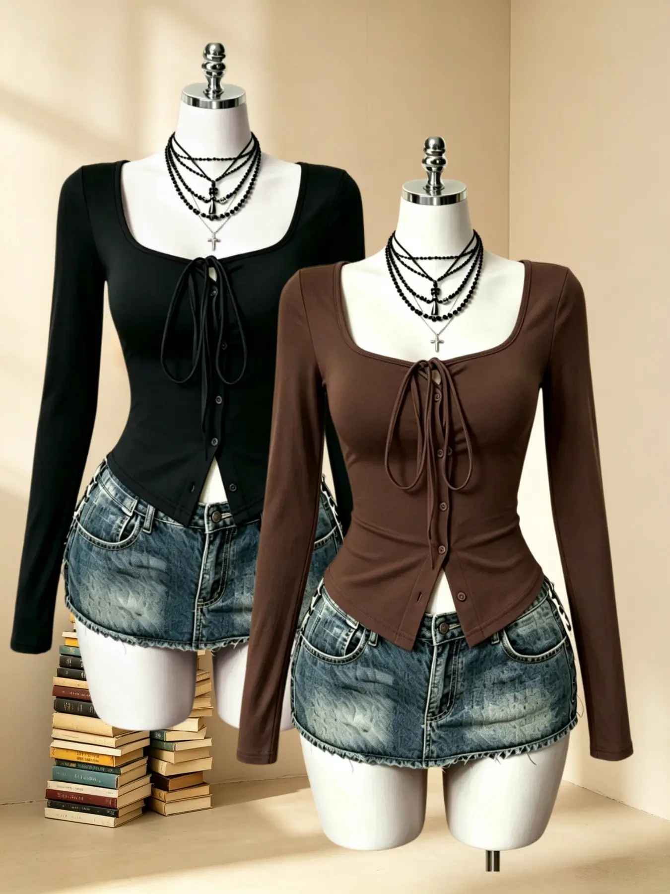 Women's Square Neck Tie Long Sleeve Top, Waist Cinch Slim Fit Front Button Short Underwear Set, Two-Piece for Stylish Look