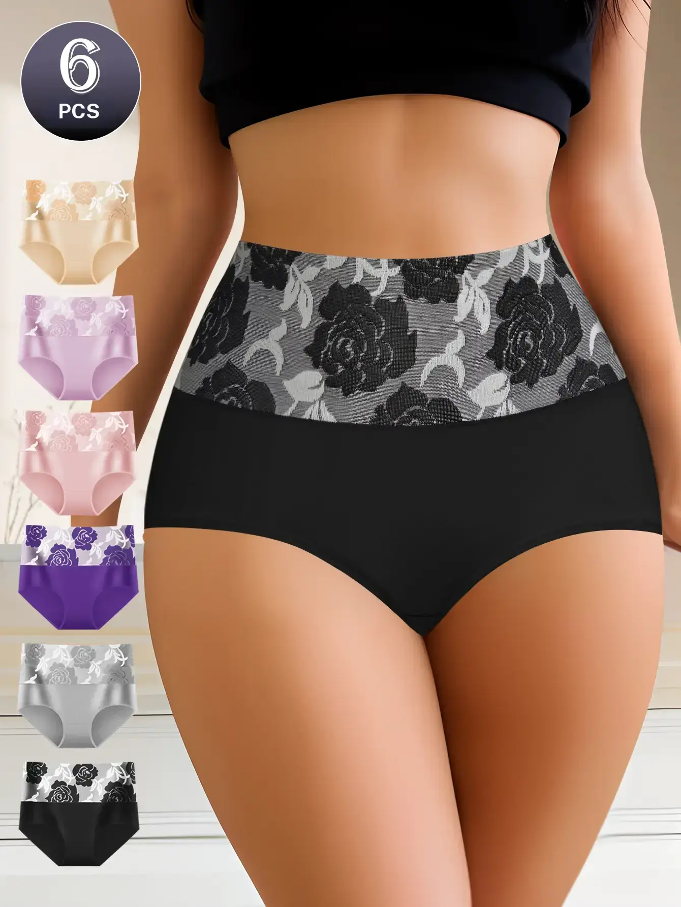 QUASTI Women's 6-Pack High-Waist Colorblock Cotton-Polyester Seamless Briefs - Printed, Elegant, High Elasticity, Tummy Control, Hip Lifting, Soft, Breathable, Sleek Fit, Underwear for Women, Romance, Hugs Softly All Day (S-XXL)