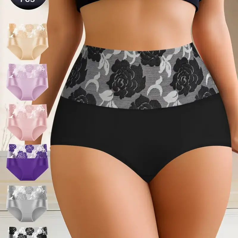 QUASTI Women's 6-Pack High-Waist Colorblock Printed Seamless Briefs - Purple+Pink+Gray+Black+Khaki+Light Pink, Elegant Feminine Style, Breathable Cotton-Polyester Fabric, High Elasticity, Tummy Control, Hip Lifting, Sleek Fit, Everyday Wear (S-XXL)