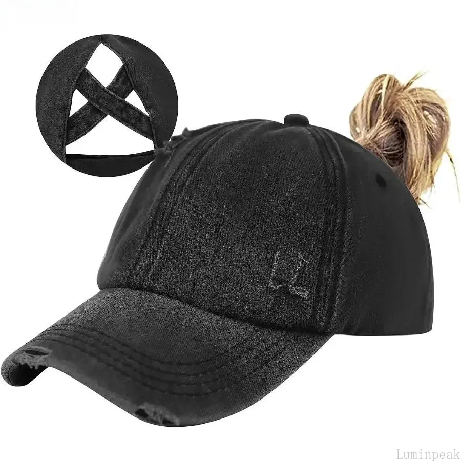 Women's Adjustable Cotton Criss Cross Ponytail Trucker-Baseball Cap - Distressed Vintage Messy Bun Hat, Breathable Lightweight Sun Protection Female Accessory, OneSize Fits Most for Outdoor Sports & Daily Wear