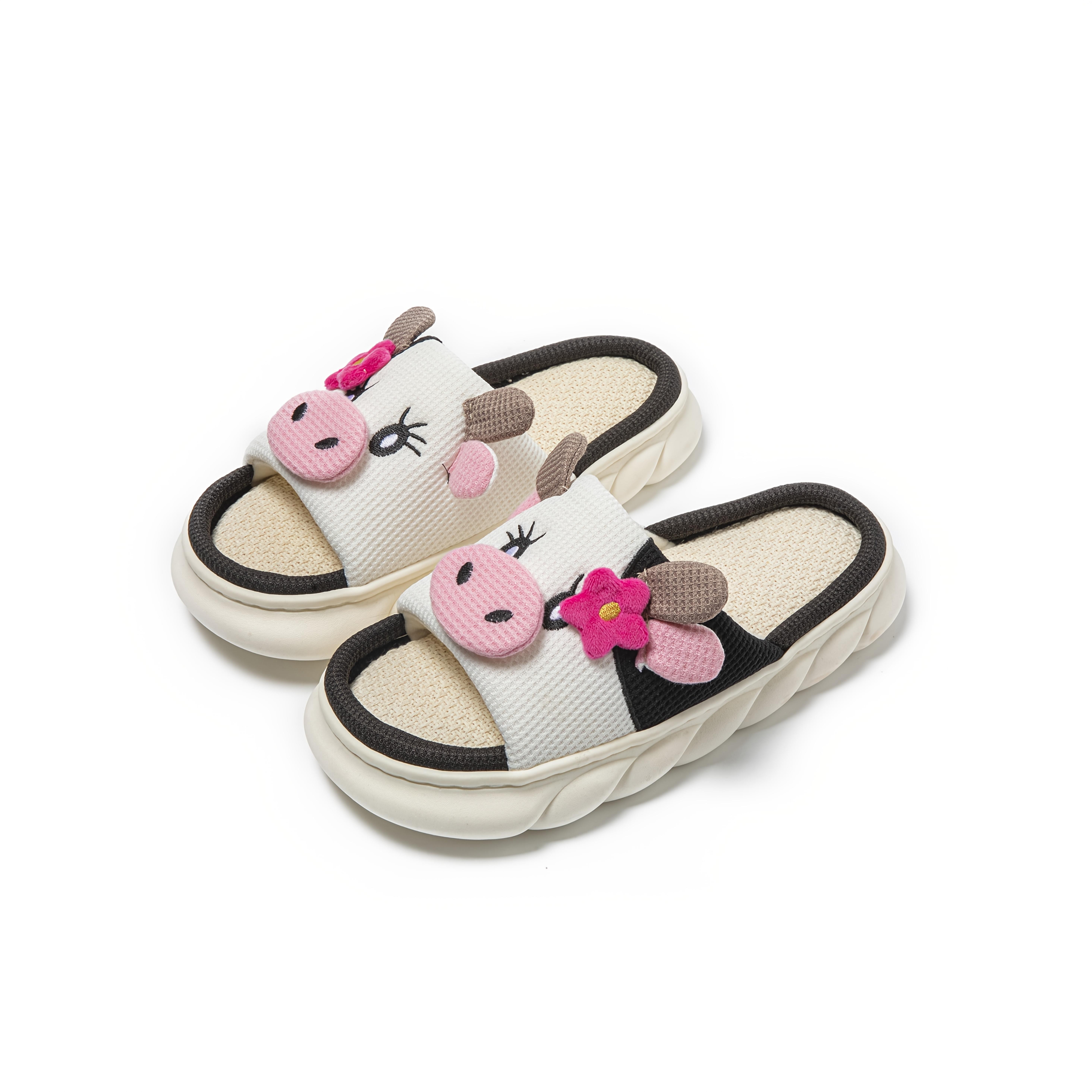 Cute Flower Cow Linen Slippers Indoor Home Use Non-Slip Odor-Resistant Outdoor Thick-Soled SandalsMinimalist Fluffy Home Slippers,Open Toe Bedroom Sandals for Gifts,Casual Soft Pink Bedroom Slippers, Fuzzy Warm Slippers for Women 2025, Walking Shoes