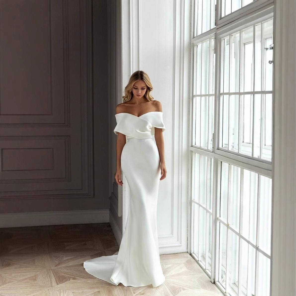 2026 New Light Wedding Dress, Off-the-Shoulder, Slim-Fit, Elegant, Body-Shaping, Sexy White Train Evening Dress for Women