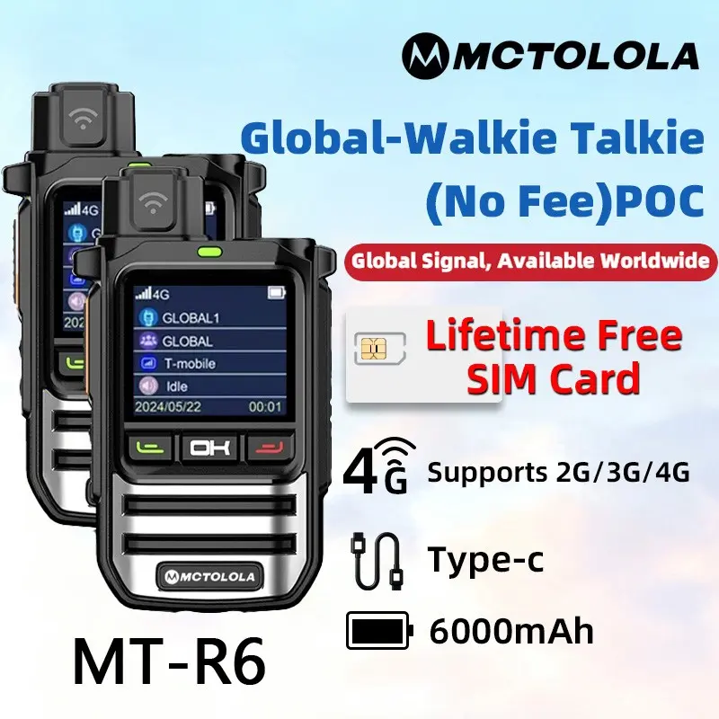 Two MT-R6 handheld Wireless 4G POC public network intercoms equipped with lifetime free SIM cards and dual card slots designed for global unlimited distance intercom suitable for multiple scenarios