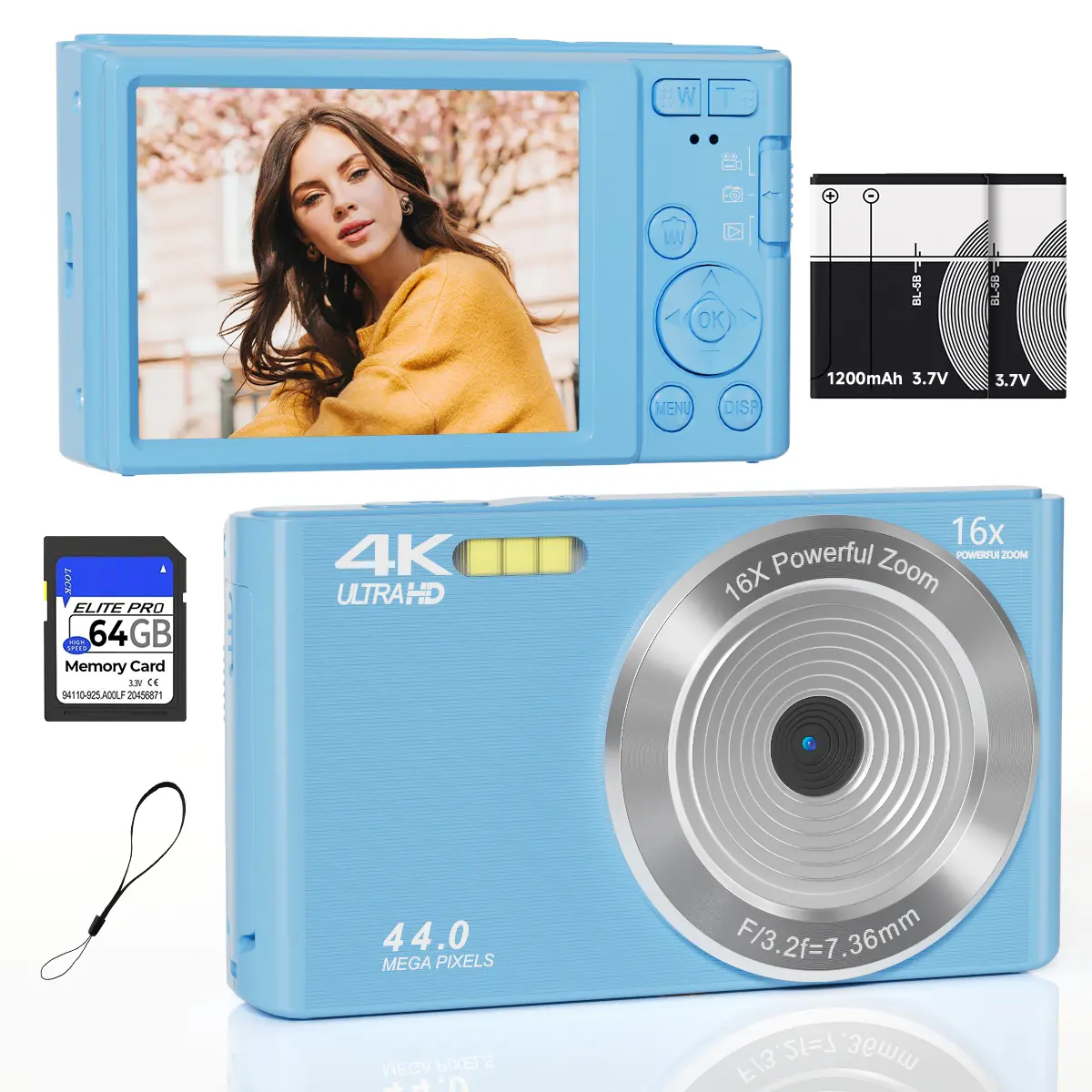 4K Digital Camera for Vlogging, Y2K Pastel Blue Compact Digicam with 44MP & 16X Digital Zoom, PC Webcam, Starter Kit (64GB Card & 2 Batteries)
