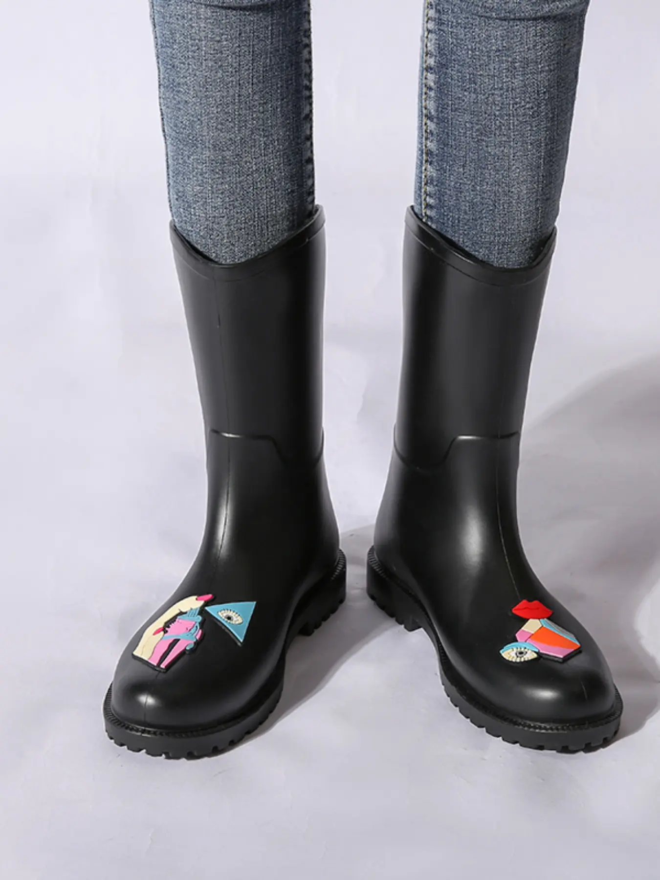 Colorful Cartoon Sticker Mid-Calf Rain Boots, Round Toe Non-Slip Thick Sole, Unisex, Large Sizes, Waterproof, Outdoor Fun, Gardening