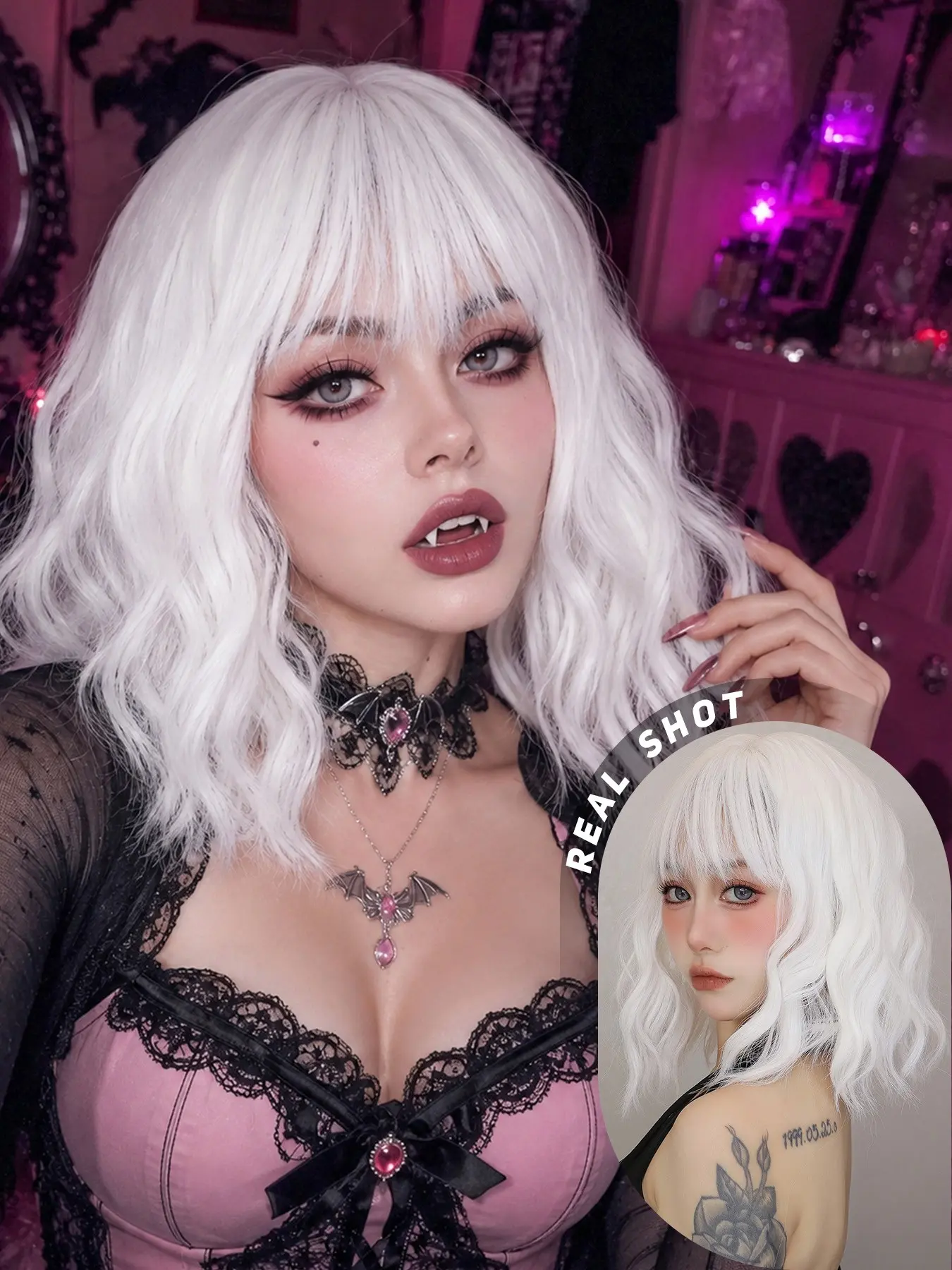 Halloween Curly Short for Women, Ice Vampire Doll Style, Bangs Design, Instant Wear Cosplay Party Wig, All Seasons, Synthetic Curly Wigs