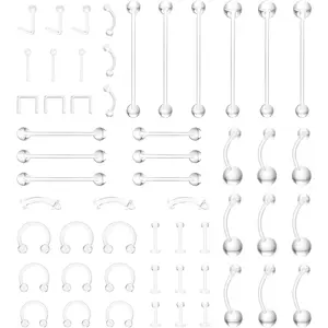 54PCS Clear Piercing Retainers Set, Multi Gauge Transparent Plastic Body Jewelry for Nose, Ears, Lip, Tongue, Belly Button, Eyebrow, Cartilage & Long Bar Piercings – Hypoallergenic for Work & Surgery