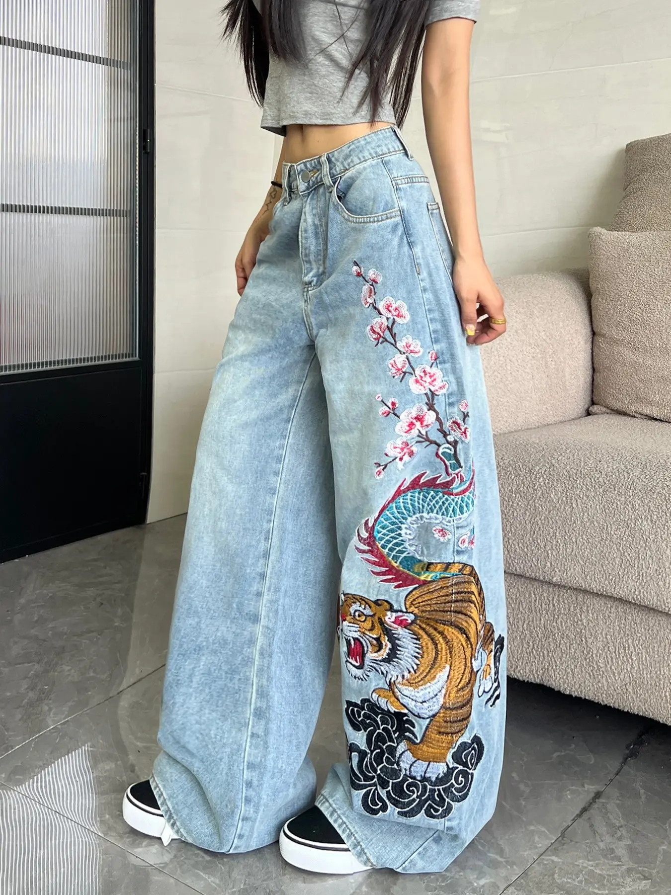 Women's High-Waisted Jeans with Dragon Tiger Plum Blossom Embroidery, Street Style Light Blue Washed Loose Wide Leg Pants, All Seasons