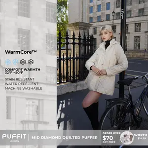 PUFFIT WarmCore Premium Mid-length Diamond Quilted Drawstring-waist PUFFER Style,Classic Diamond Pattern,Waist-cinching Lightweight Cotton Jacket,High-density Integrated Quilting Lightweight, Comfortable For Commuting, Stylish For Going Out SpringStatemen