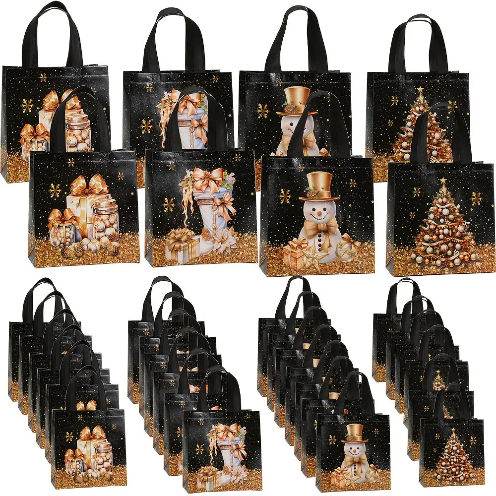 12pcs/24pcs Gold Christmas Non-Woven Gift Bags with Handles, Holiday Gold Gift Bags, Party Supplies Shopping Bags