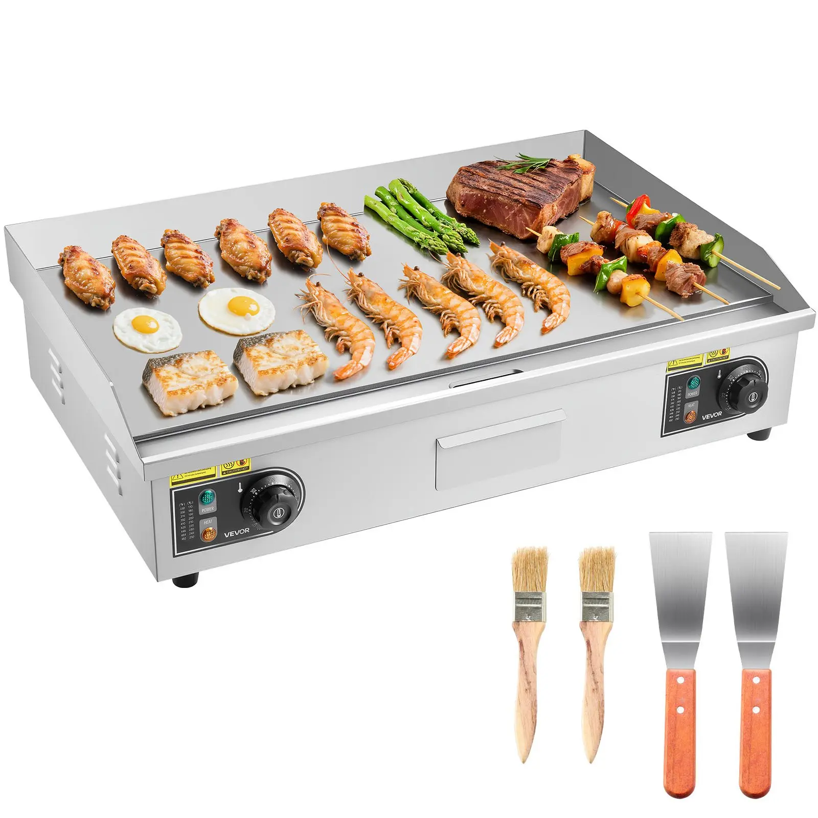 VEVOR Commercial Electric Griddle, 28.54 x 15.75 in, 2800W, 122-570 ° F Adjustable Temp Control, Stainless Steel Countertop Flat Top Grill with 2 Spatulas, 2 Brushes, and 4 Foot Pads, for Steak