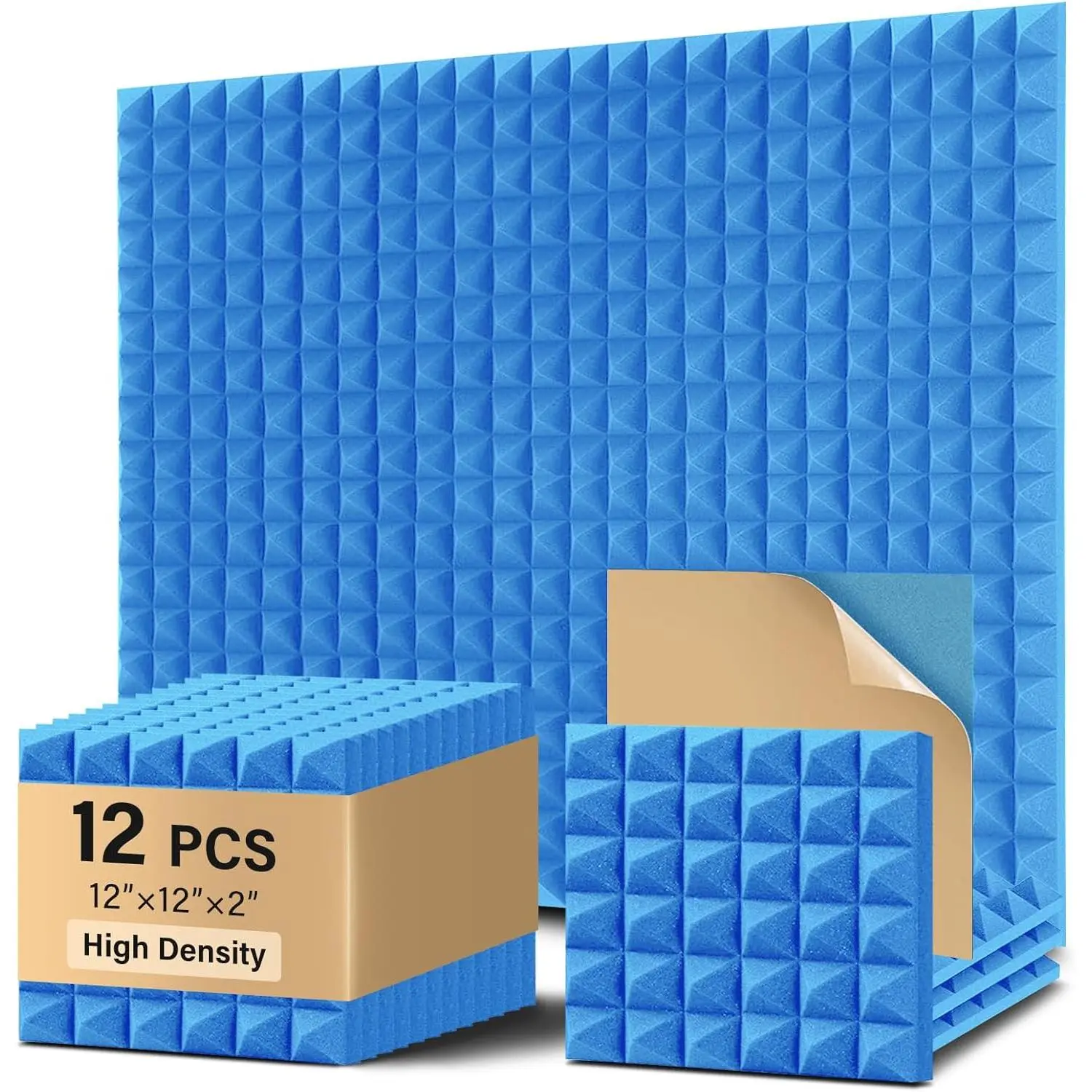 Pyramid Sound Proof  Panels 12 Pack,  High Density Self-Adhesive Sound Absorbing, 12" X 12" X 2" Fire Resistant Acoustic  Panels, Sound Panels, Studio  for Wall, Ceiling (Blue)