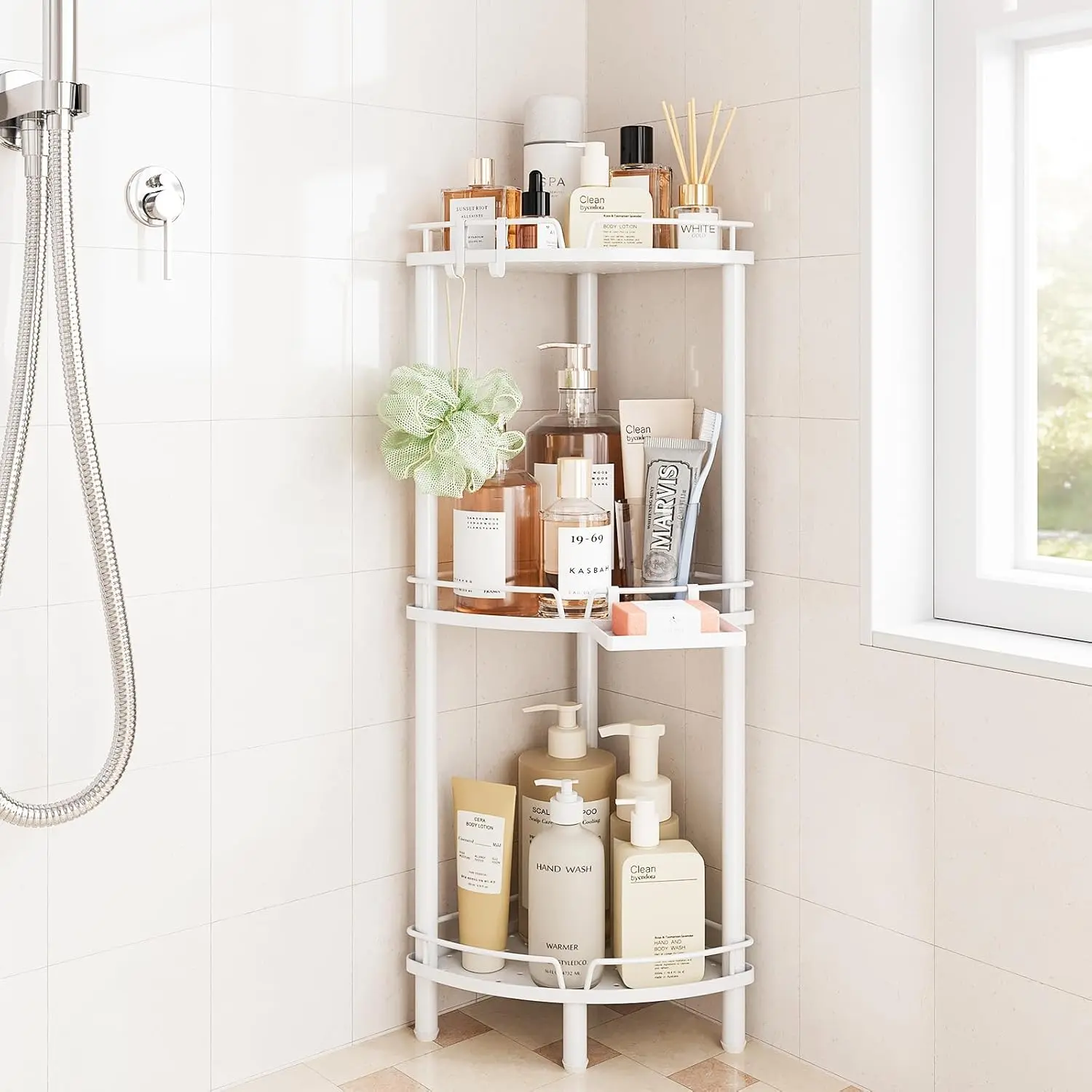 Corner Shower Caddy Standing, 3 Tier Rustproof Metal Shower Organizer with Soap Holder, Floor Shower Corner Shelf Rack Storage Stands with Adjustable Feet & 2 Hooks for Bathroom, White
