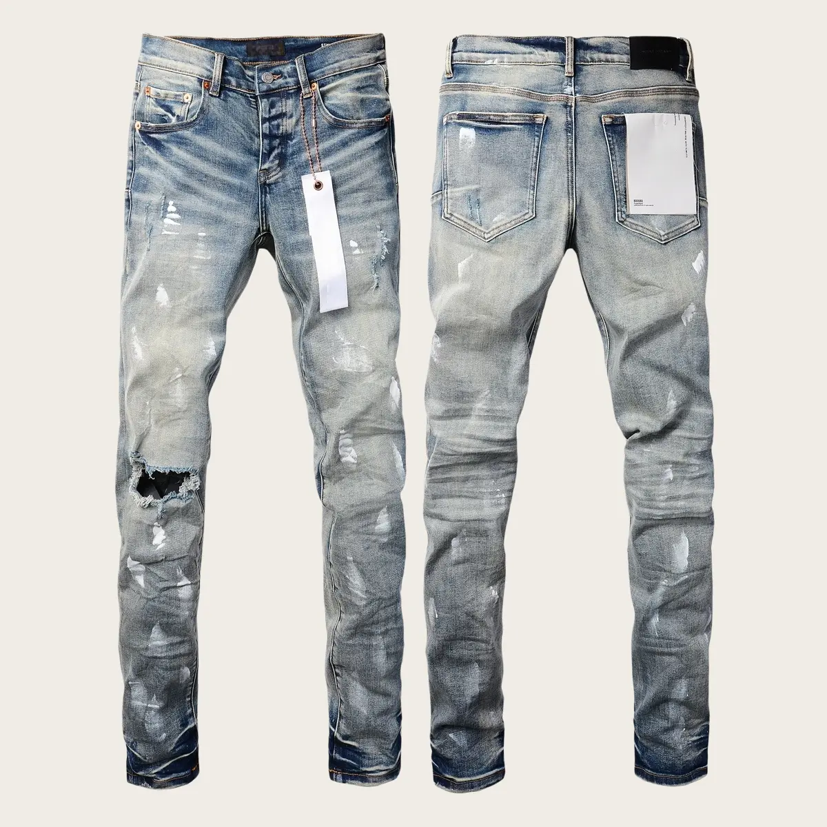 Mens Y2K Vintage Luxury Designer Stacked Jeans Trend Vintage Washed Knee Ripped Paint Splash Slim Tapered Cuff Stretch Denim New Tags US Sizes 28-40