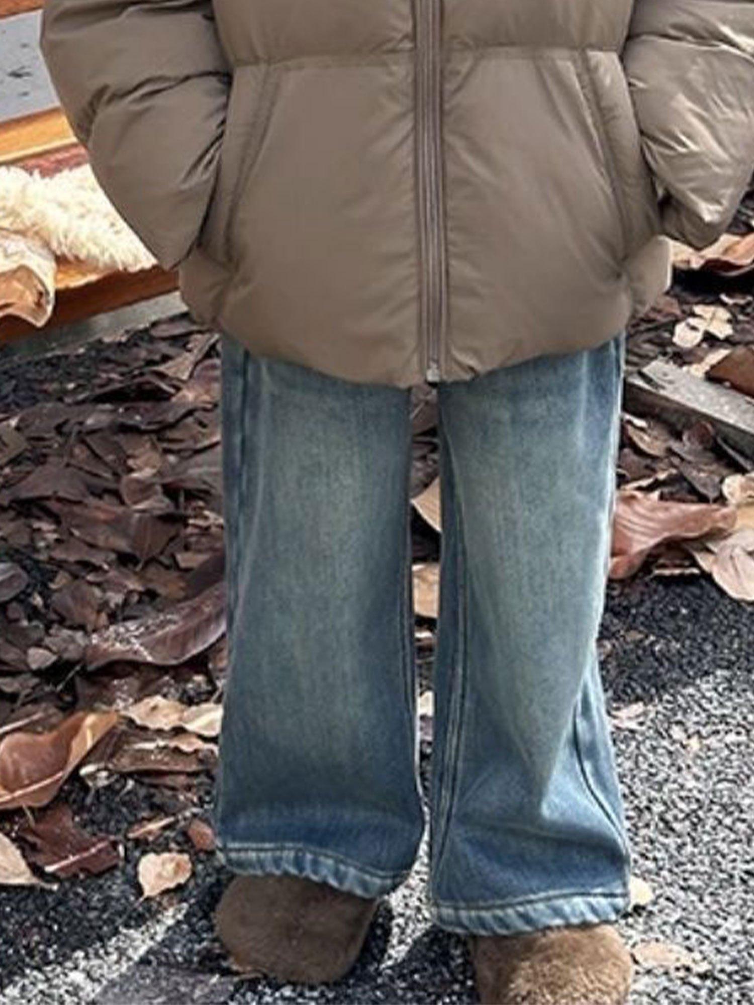 Girls' Fleece-Lined Thickened Warm Casual Washed Pants |         Autumn and Winter New Style, Loose Straight-Leg Silhouette, Elastic Waist, Long Length, Perfect for Going Out