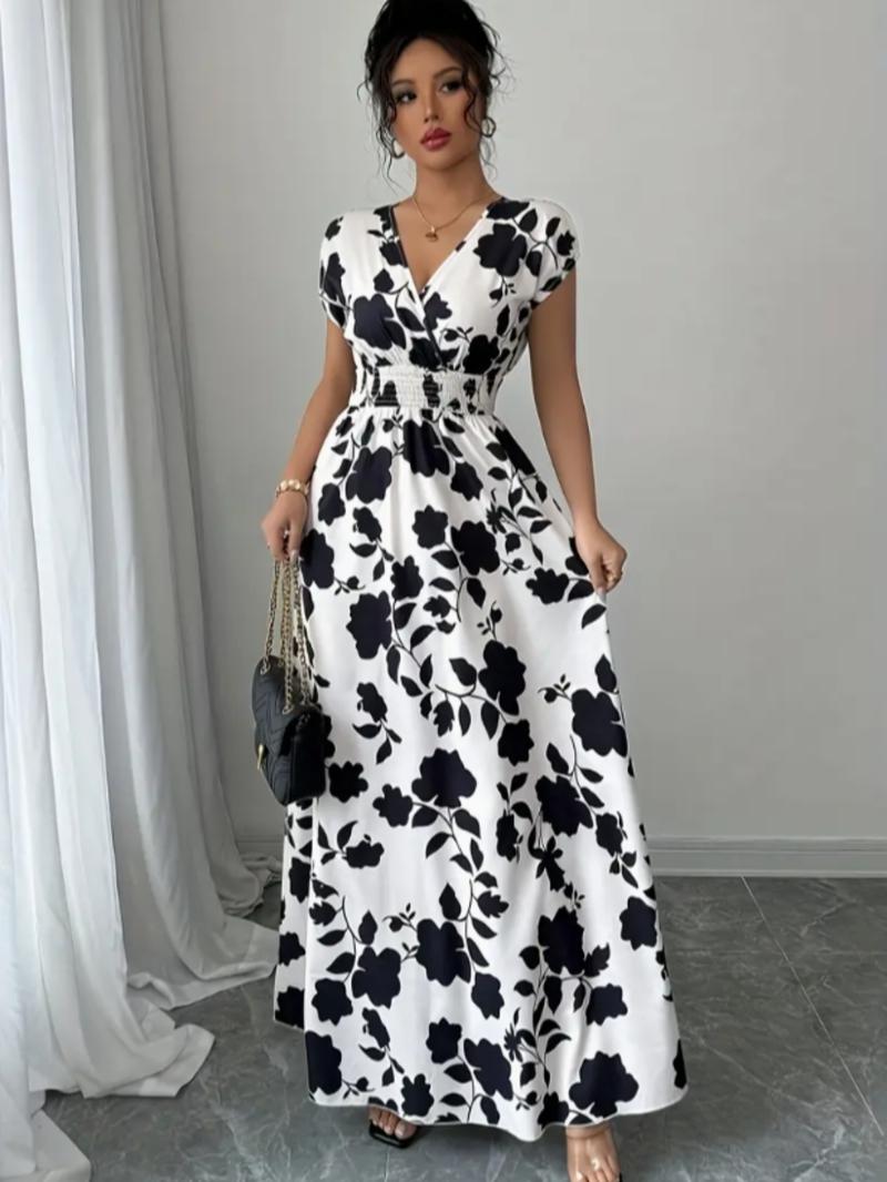 Elegant Women's Summer Dress, V Neck A-Line Batwing Sleeve, Floral Print, Leaf, Casual Fashion, Perfect for Daily Wear & Special Occasions