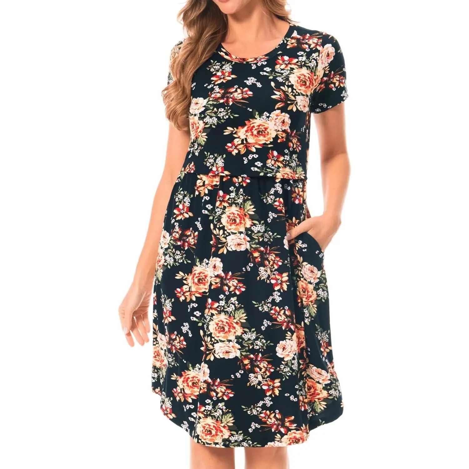 Women's Short Sleeves Maternity Dress Nursing Breastfeeding Dresses with Pockets