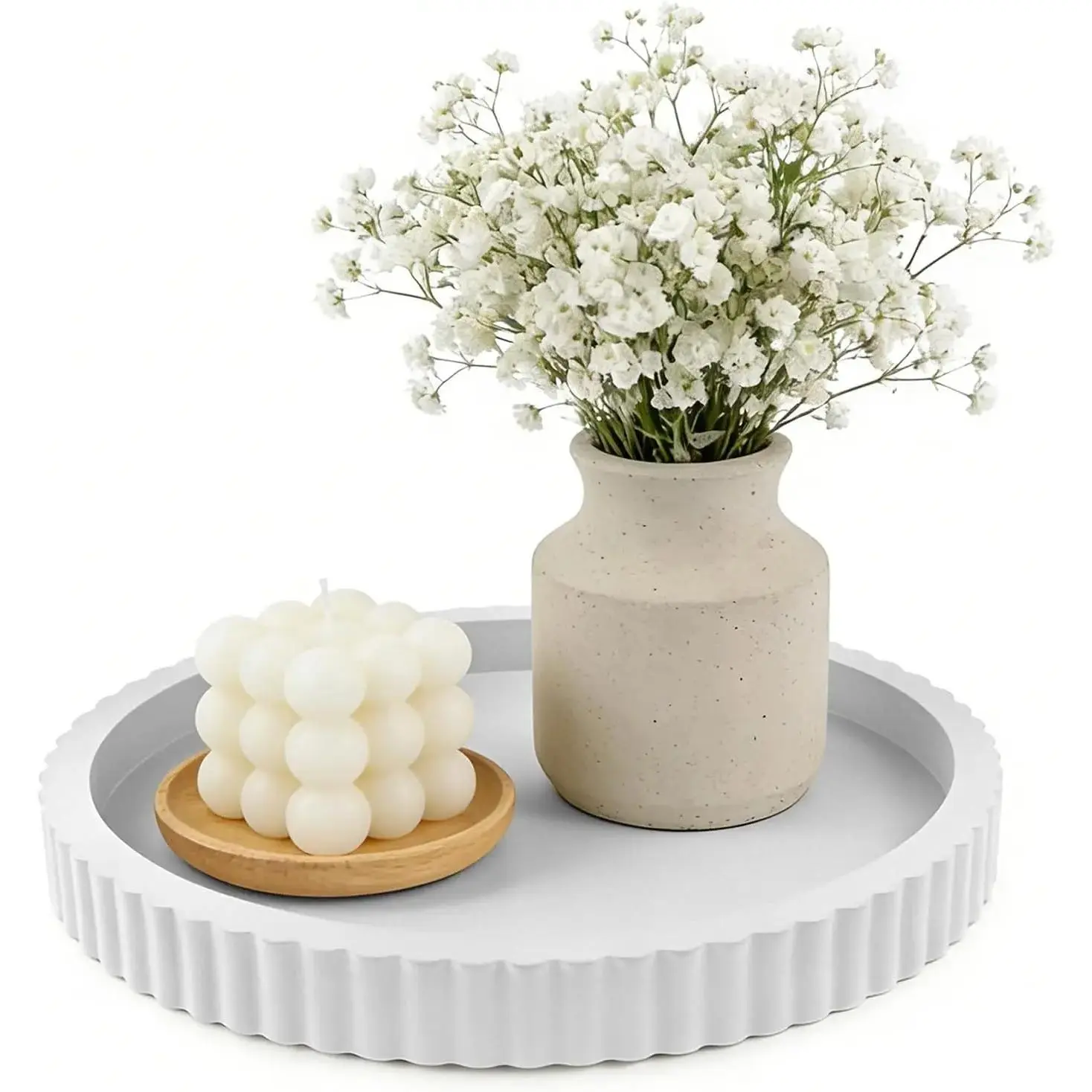 Modern Decorative Tray for Coffee Table, 11" Wooden White Round Small Decor Tray for Candle, Perfume, Vanity, Kitchen Island Counter & Table Centerpiece