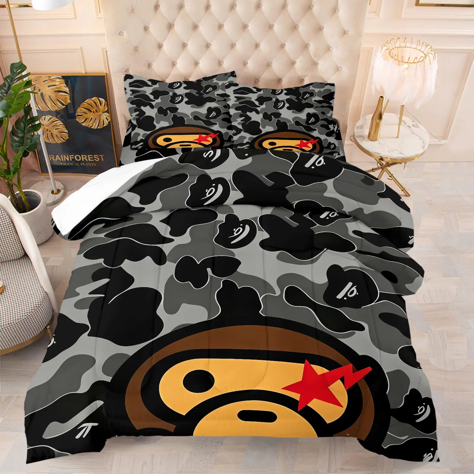 Street Style Dark Camo Monkey Face Print Comforter Set (1 Comforter + 1-2 Coreless Pillowcases), Soft Comfy Durable Washable, All Season Microfiber Fabric, Grey Camouflage Pattern Bedding Decor for Men Youth Apartment