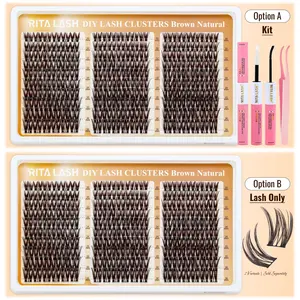 RITALASH 180PCS Flaunt Lash Clusters Dark Brown Wispy Eyelash Extensions 10-16MM Natural Volume Cluster Lash Extensions D-Curly Individual Lashes For Soft Vibes, Efforetless Application with Bond & Seal and Tweezers