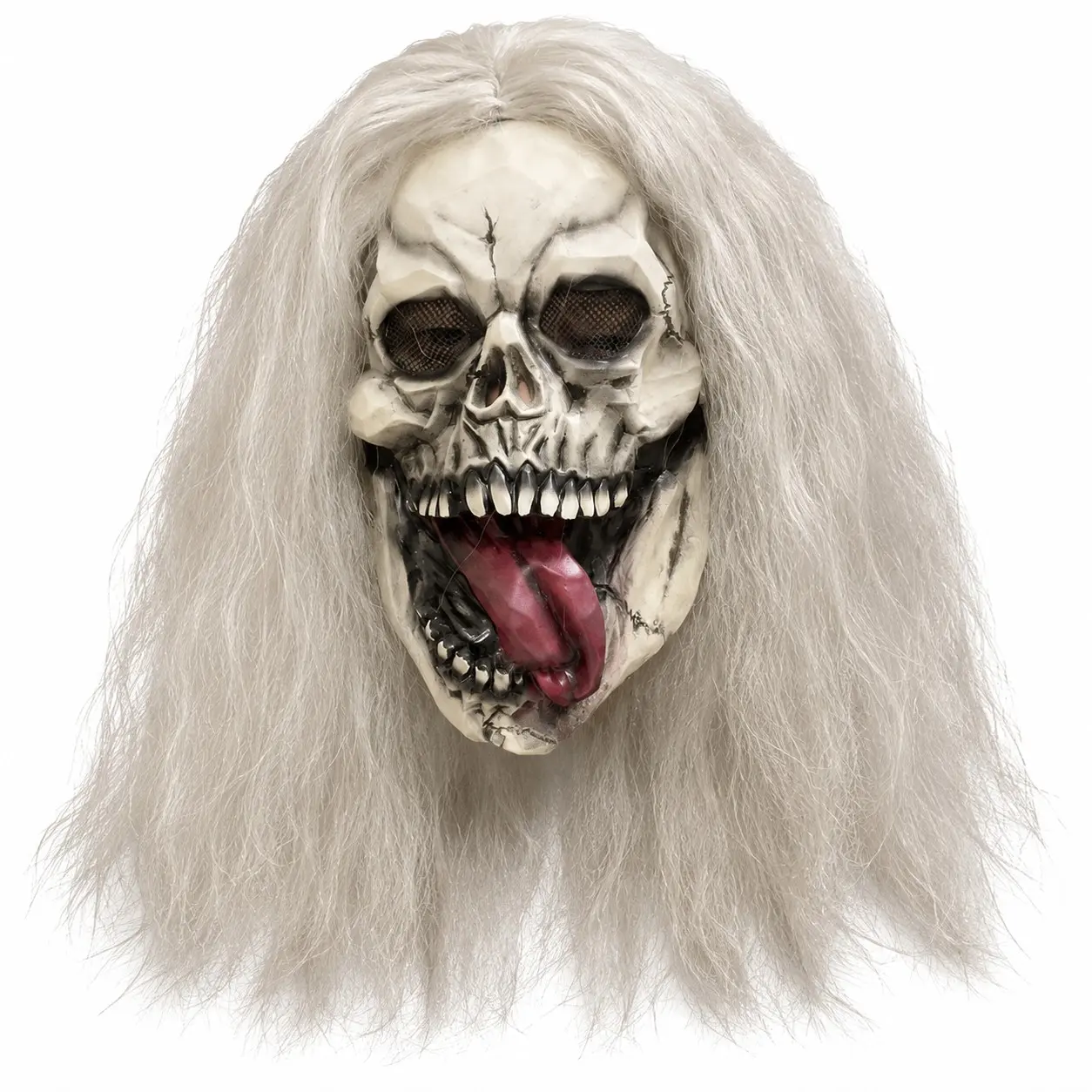 Halloween Horror Skull Mask, Long Silver Hair with Tongue, Scary Latex Full Head Skull Mask, Party, Cosplay, Haunted House Props, Realistic Mask