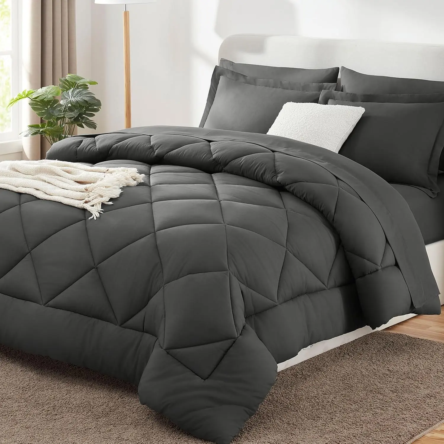 Queen Comforter Set Dark Grey - Bed in a Bag Queen Size 7 Pieces, Luxury Soft Bed Set for All Seasons, Bedding Set with Comforter, Sheets, Pillowcases & Shams, Dark Gray, Queen