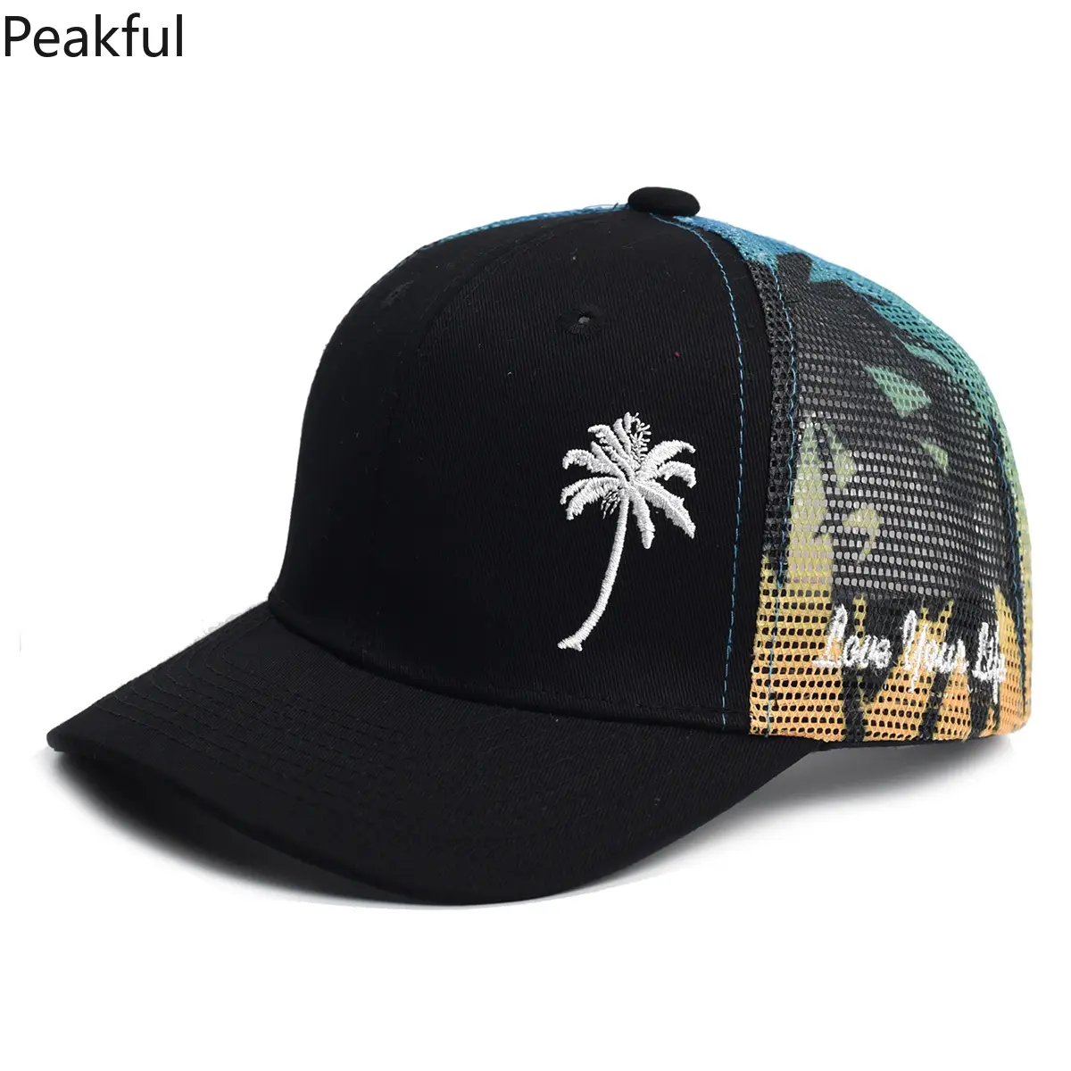 Men’s fashion accessories | Rising tropical sunset trucker hat with palm tree embroidery | Underrated breathable mesh baseball cap | Comfortable structured crown + bold print, easy to match styles, ideal for everyday wear, skate trips and weekend outings