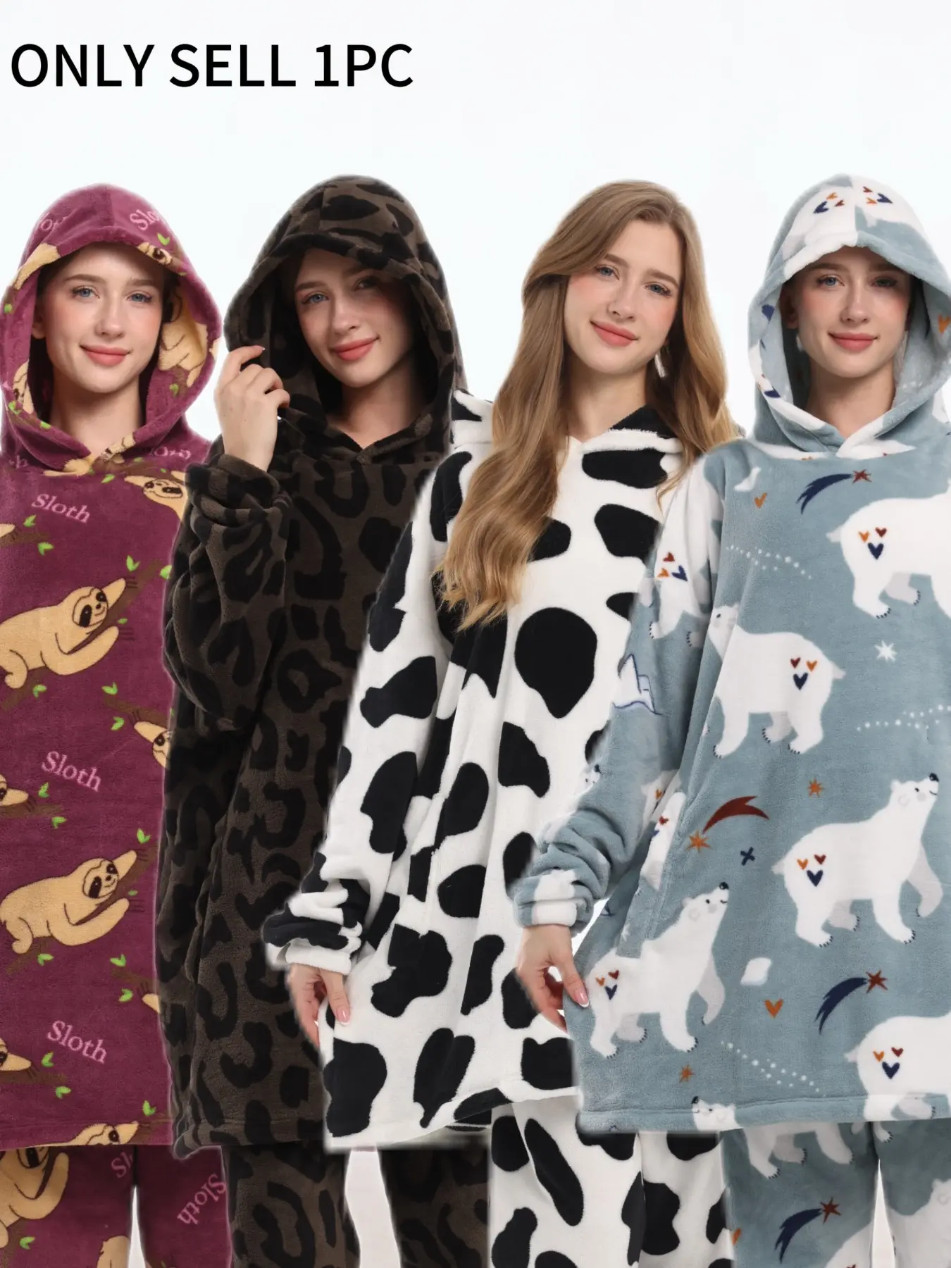 Autumn Winter Soft Coral Fleece Printed Pajama Top, Oversized Hooded Sweatshirt with Pockets, Couples' Matching, One Size Fits All